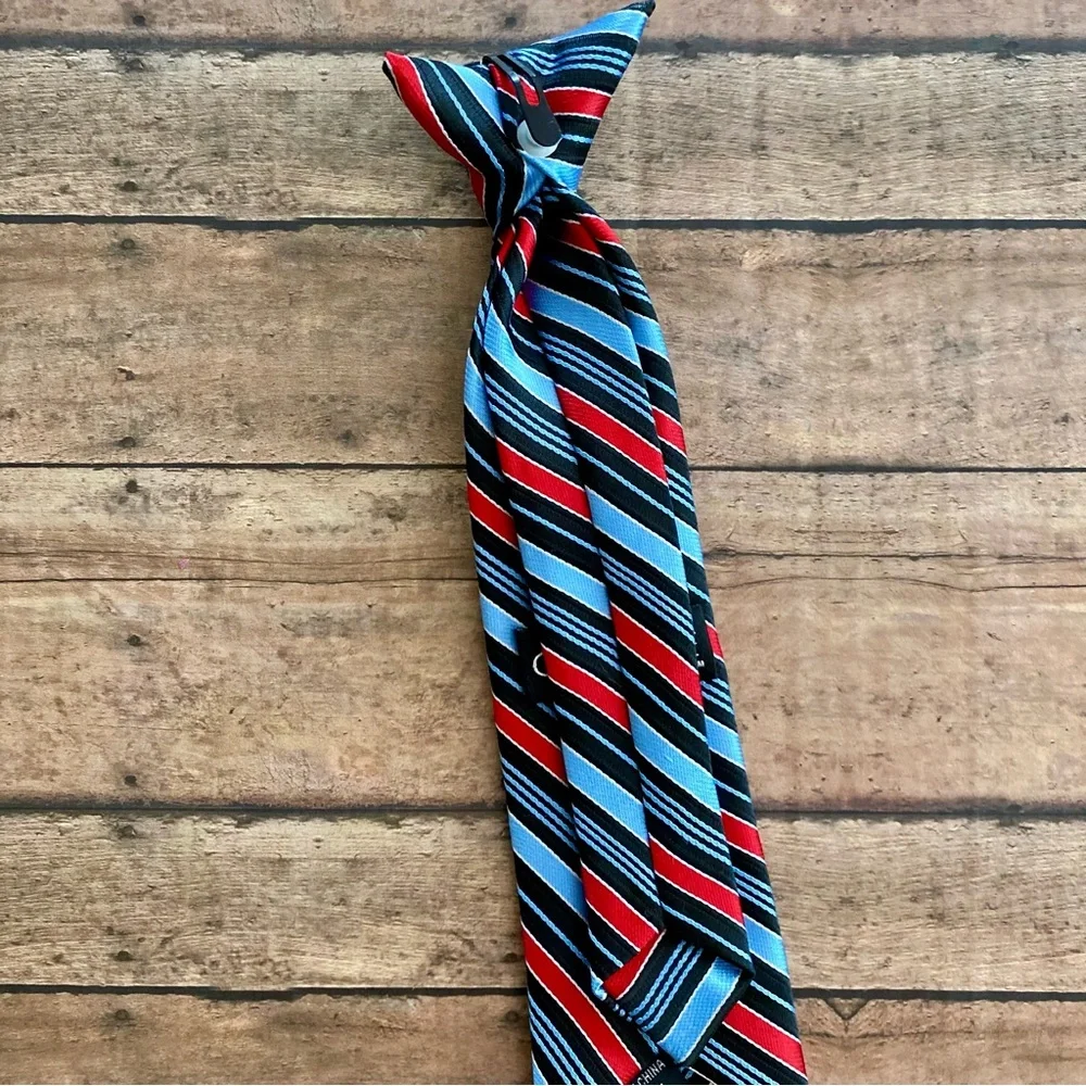 Vintage George Blue Black Red Striped Boys Clip On 11” Neck Tie Youth